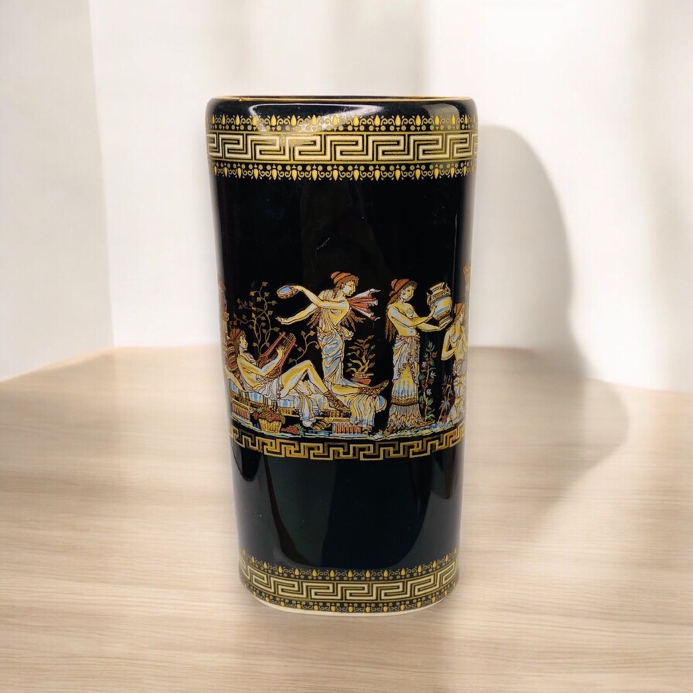 VTG ADIS Hand Made GREECE Black Vase 24k Gold Accents Musician GODDESS Art Deco